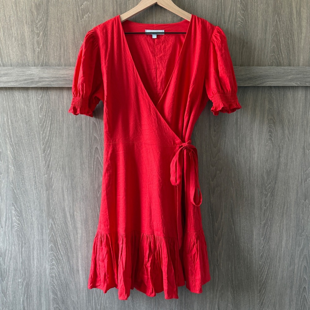 Antonio Melani Wrap Dress Women 8 Red Linen Blend Puff Sleeve Ruffle Hem Mini